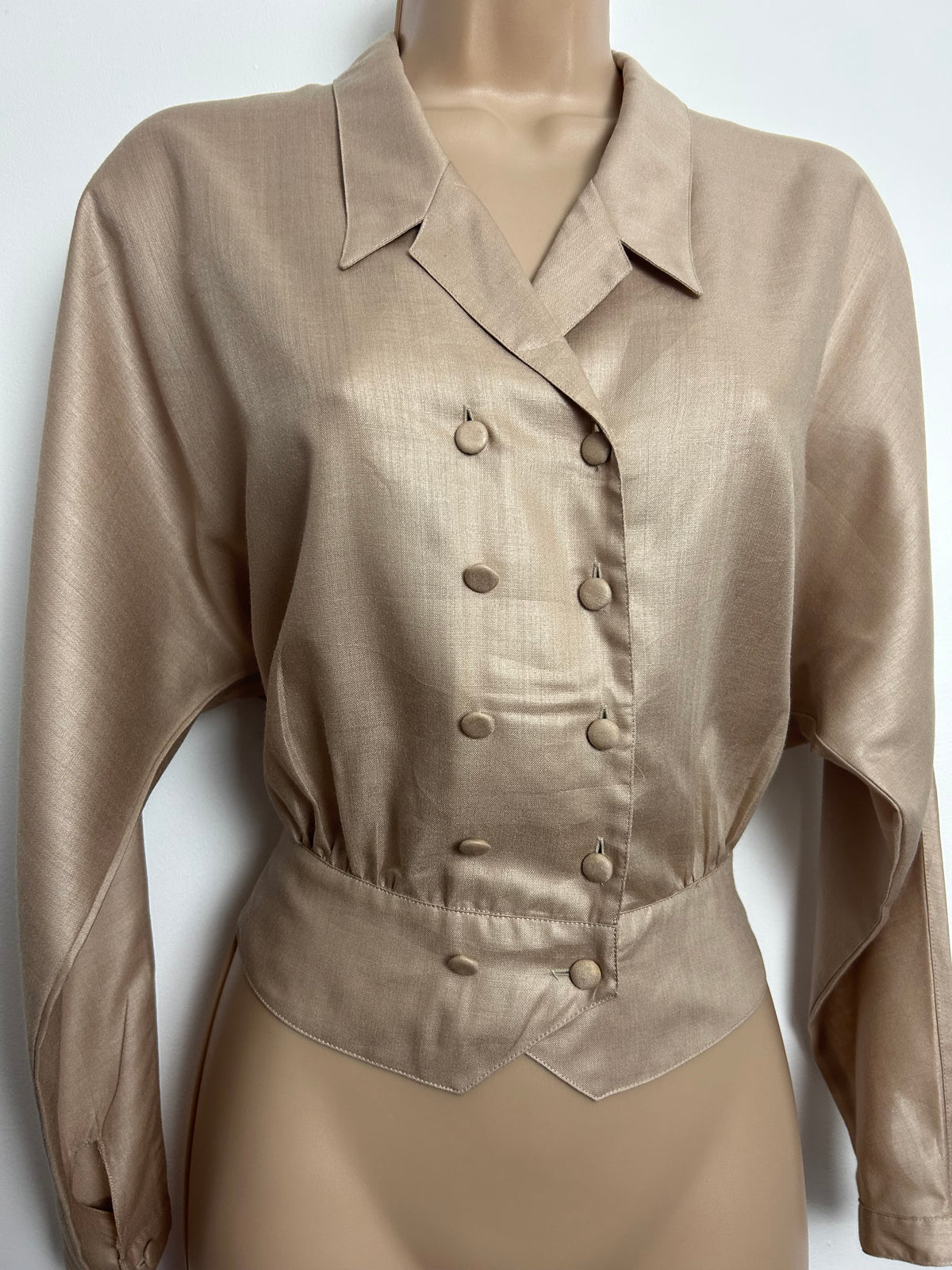 Vintage 1980s LADY MANHATTAN Size 10-12 Taupe Double Breasted Long Sleeve Blouse