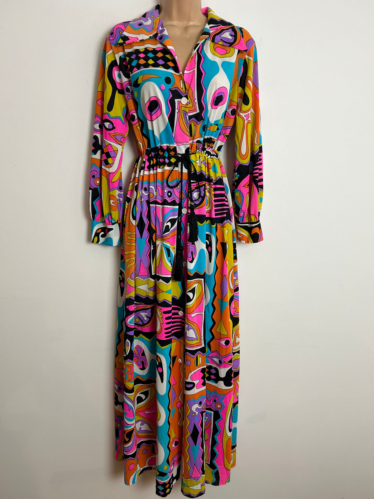Vintage 1970s UK Size 8/10/12 Vibrant Pink Orange Blue Purple & Yellow Abstract Psychedelic Print Long Sleeve Maxi Dress