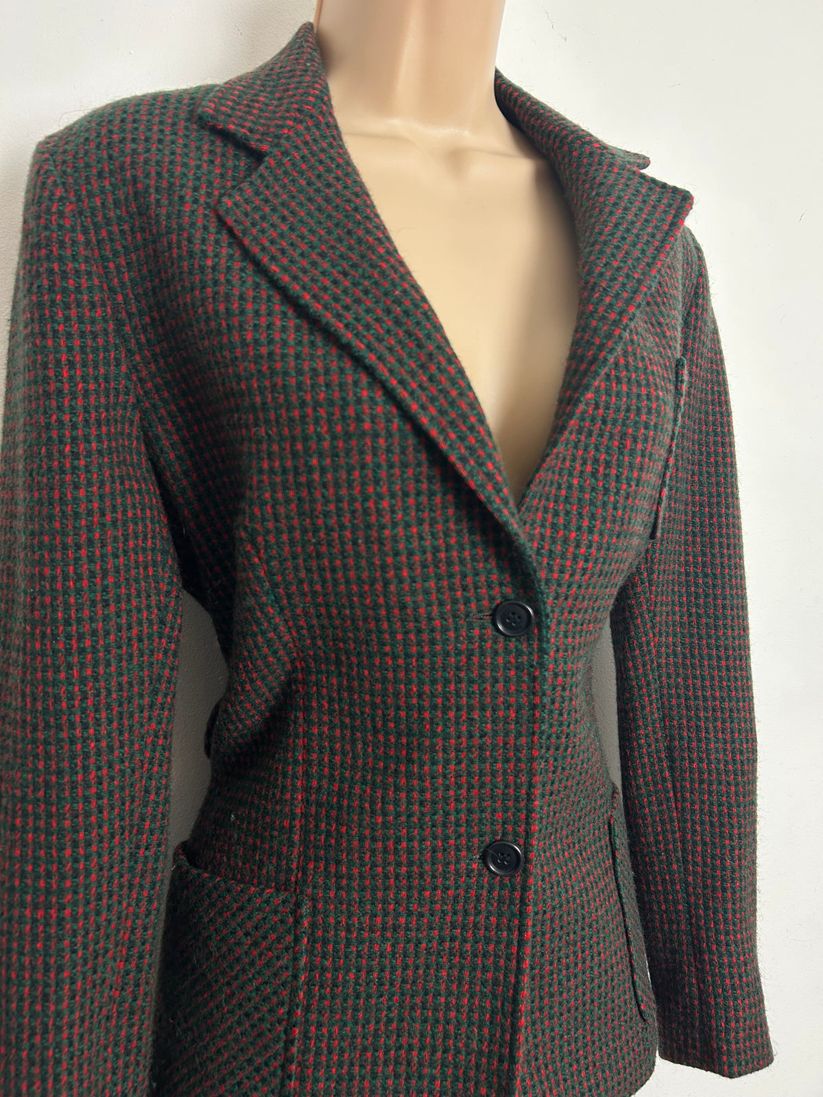 Vintage Late 70s/Early 80s YOUNG TRADITIONS Size 10-12 Dark Green & Red Tweed Check Wool Mix Blazer
