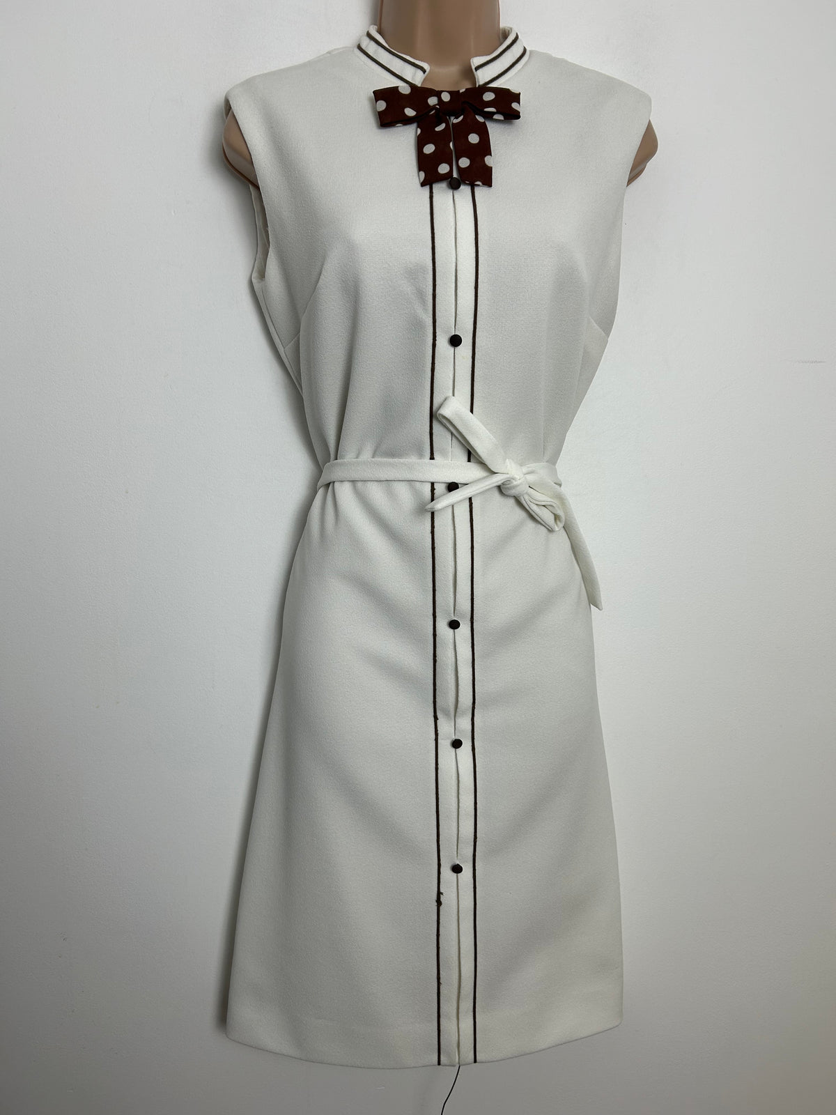Vintage 1960s Size 12 Off White & Brown Piping Trim Sleeveless Belted Bow Tie Detail Mod Dress