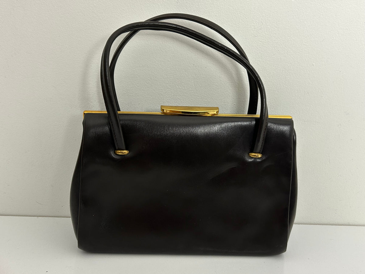 Vintage 1950s Matt Brown Leather Kelly Handbag With Gold Tone Frame