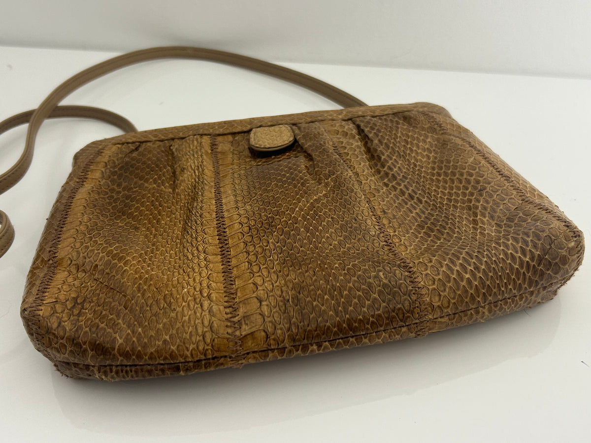 Vintage 1970s CLEMENTE Tan Brown Real Snake Skin Small Leather Shoulder Or Crossbody Bag
