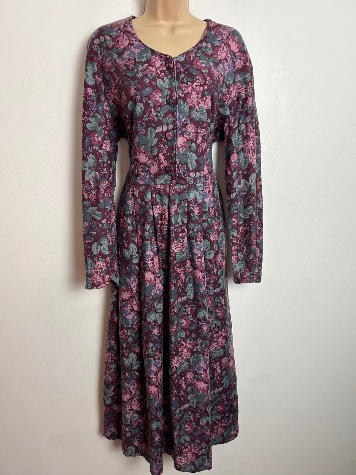 Vintage 80s LAURA ASHLEY UK Size 12 (Size 14 On Label) Plum Purple & Pink Floral Print Wool Mix Midi Dress Made In Rep Of Ireland