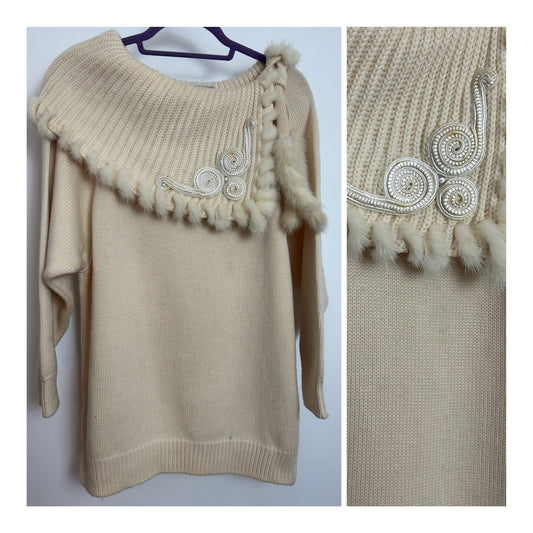 Vintage 1980s CHRISTIANE JULLIAND FOR FRANCIS LAURENT, PARIS Size 12 Cream Pure Wool Fur Trim Jumper