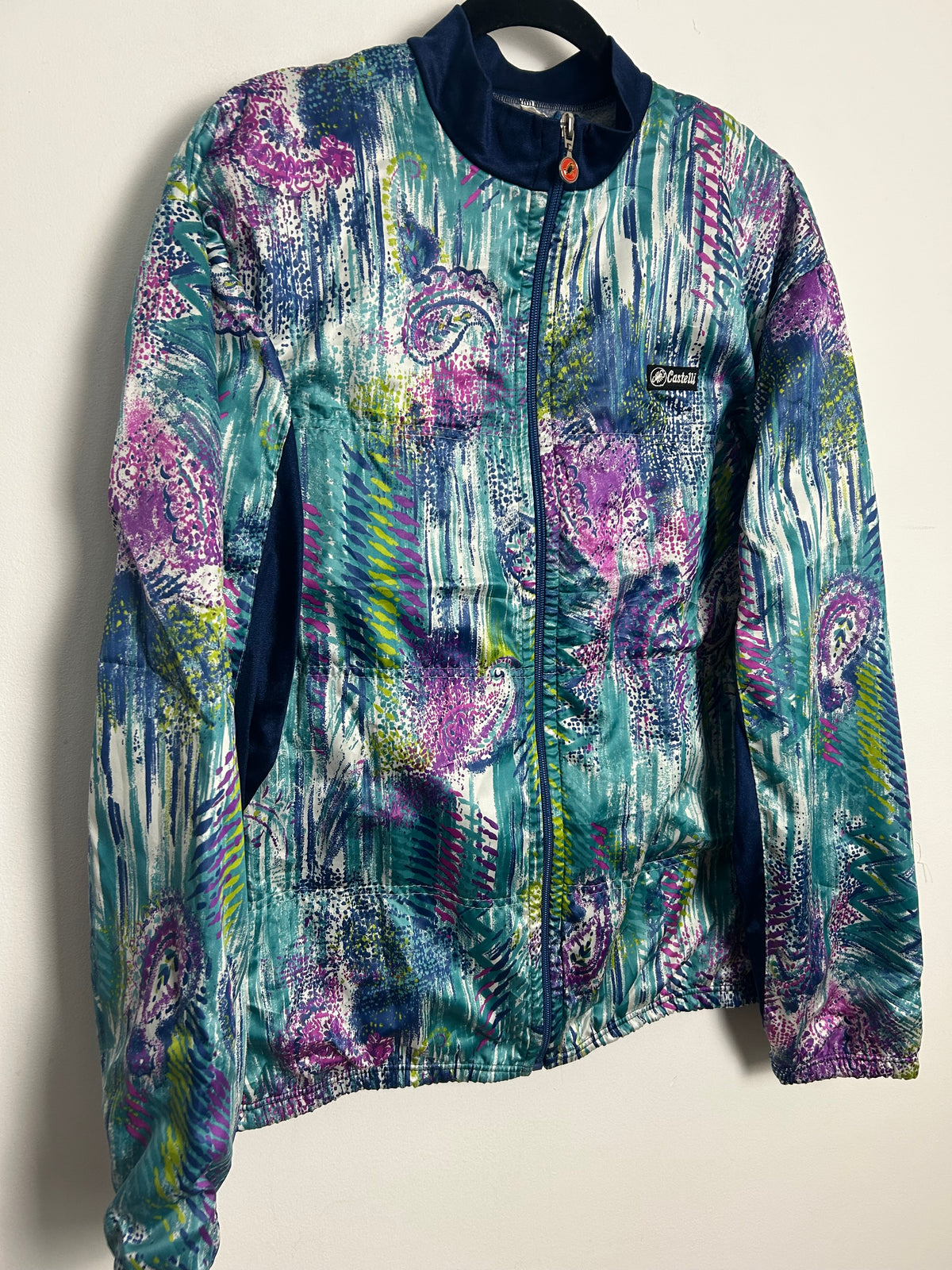 Vintage 1980s Up To Size 14 Italian CASTELLI Blue Turquoise & Pink Paisley Print Zip Fronted Activewear Cycling Top