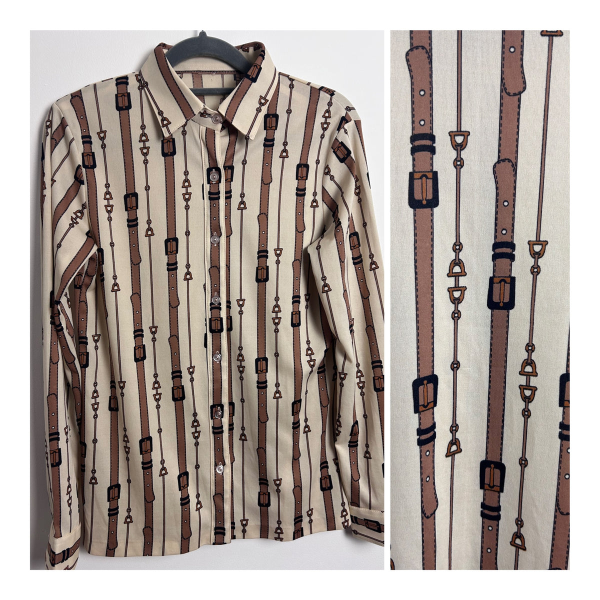 Vintage 1970s UK Size 8 Cream & Tan Brown Strap Belt & Stirrup Novelty Print Stripe Print Long Sleeve Shirt