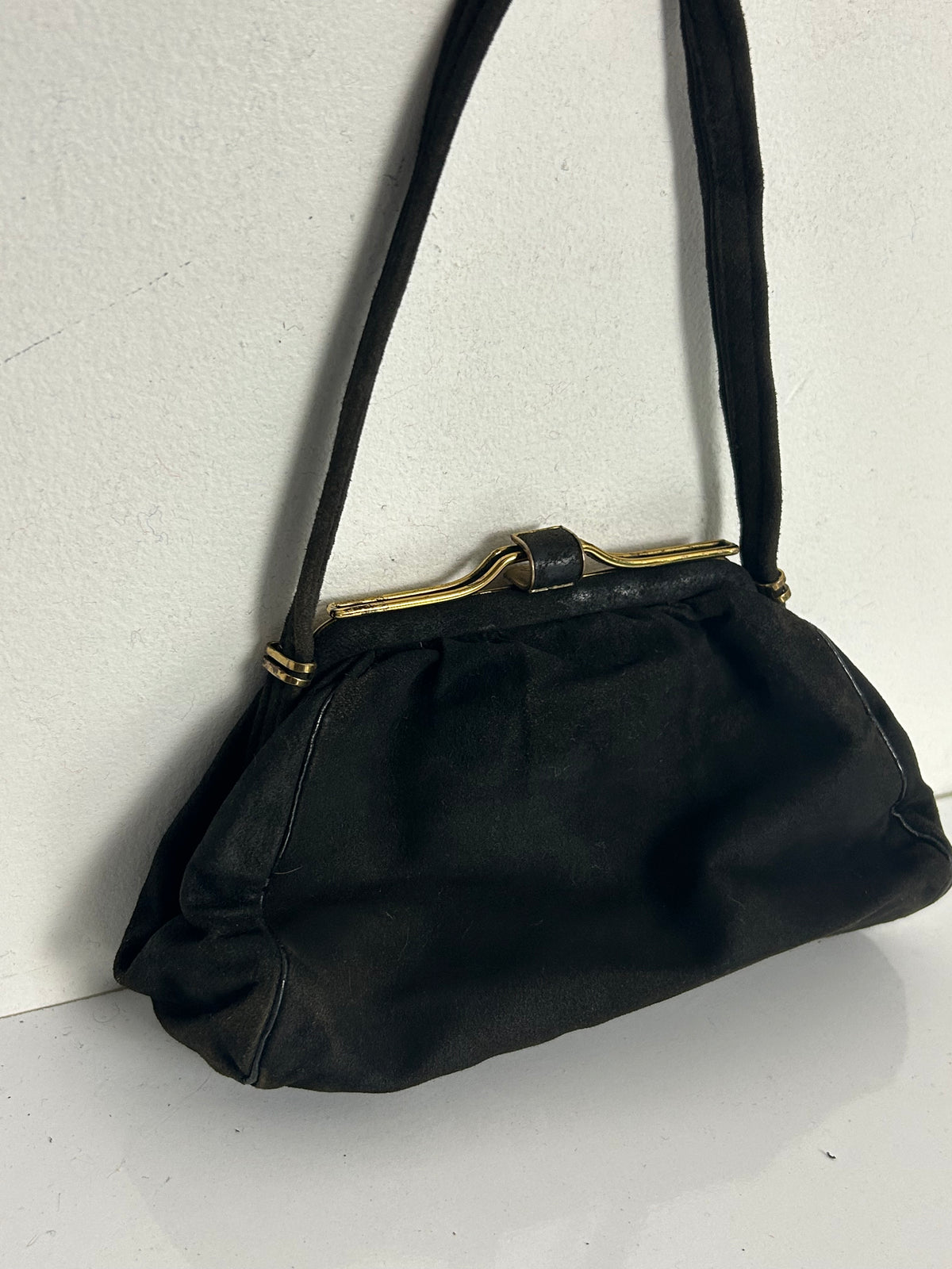 Vintage 1940s Black Suede & Gold Tone Frame Mini Handbag