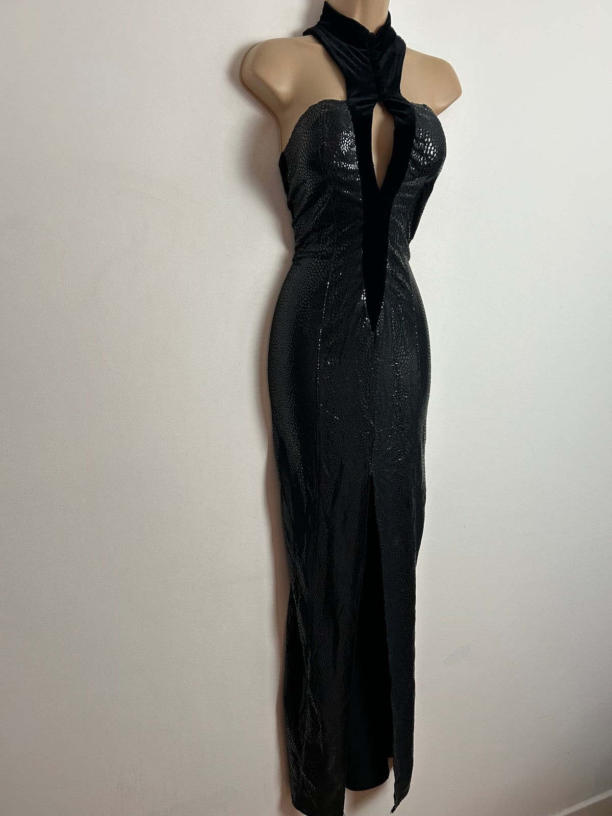 Vintage 1980s ROMEO POUR JULIETTE Paris UK Size 10 Black Velour & Snakeskin Evening Dress & Matching Open Back Jacket