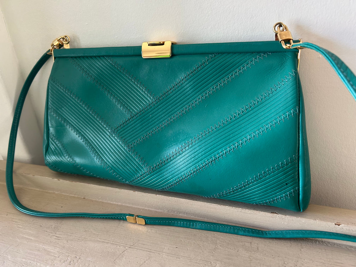 Vintage 1980s Jade Green Faux Leather Stitch Detail  Shoulder Or Clutch Bag
