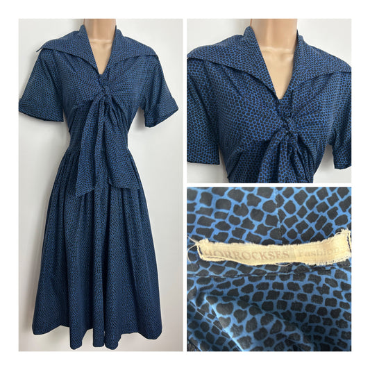 Vintage 1950s HORROCKSES FASHIONS Size 8-10 Blue & Black Honeycomb Print Cotton Tie Front Fit & Flare Dress