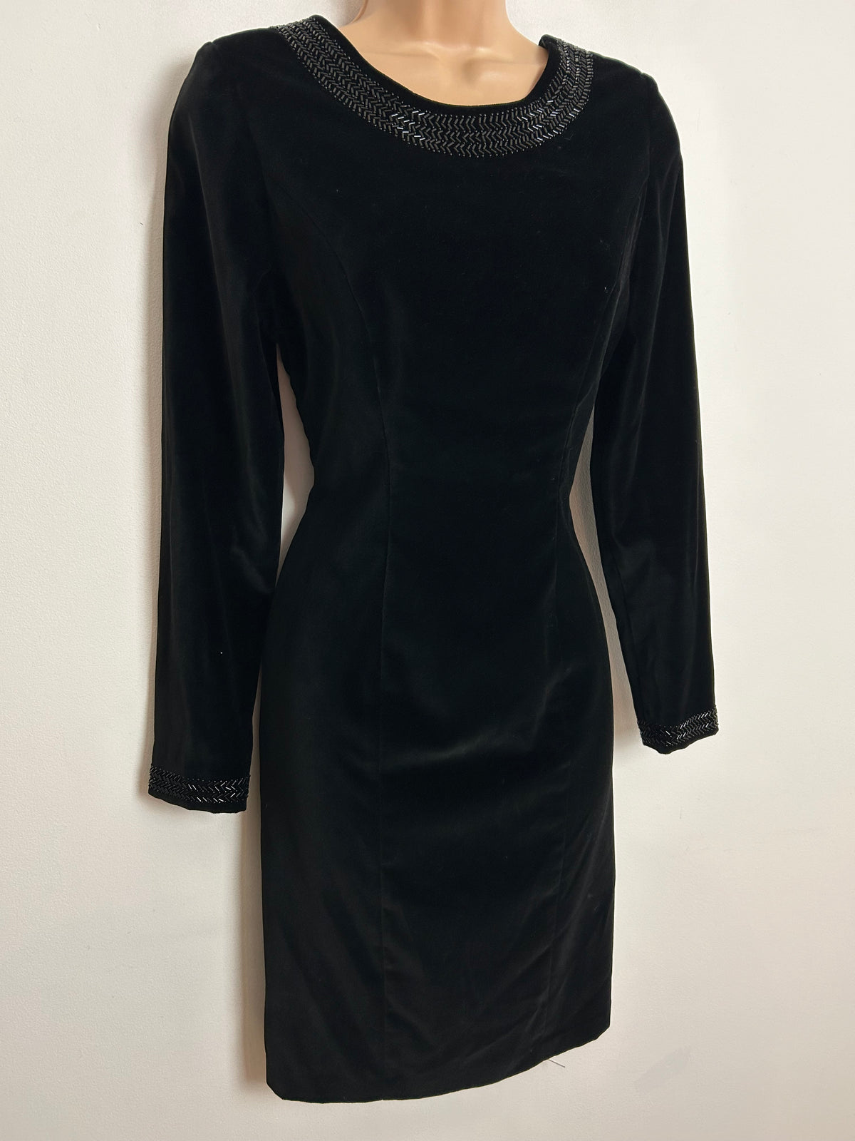 Vintage 80s 90s LAURA ASHLEY UK Size 8 Black Velvet Beaded Scooped Back Fitted Wiggle Dress
