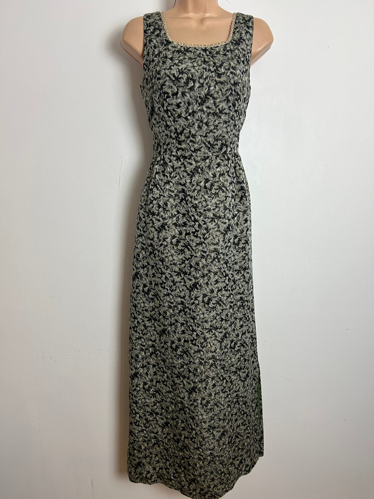 Vintage 1960s Size 8 Black Silver & Green Jacquard Metallic Thread Occasion Evening Maxi Dress