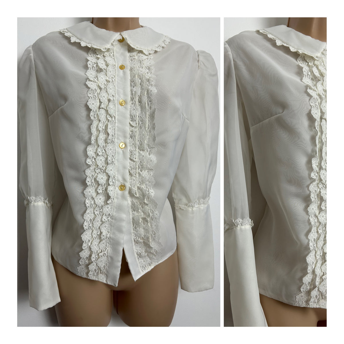 Vintage 1970s Size 10-12 White Lace Trim Peter Pan Collar Long Sleeve New Romantic Blouse