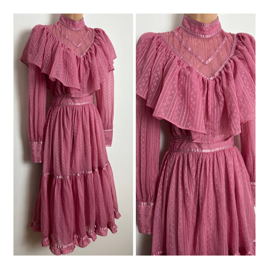 American Vintage 1970s Size 8 Pink Stripe & Floral Fine Net Bertha Collar Victoriana Prairie Midi Dress
