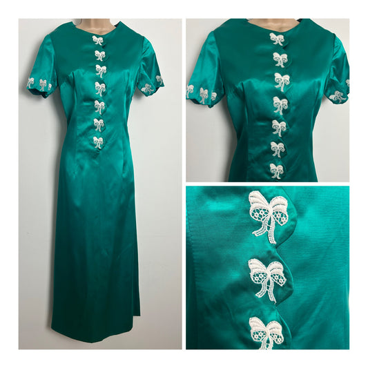 Vintage 1960s Size 10 Jade Green Satin Bow Applique Detail Short Sleeve Occasion Maxi Dress