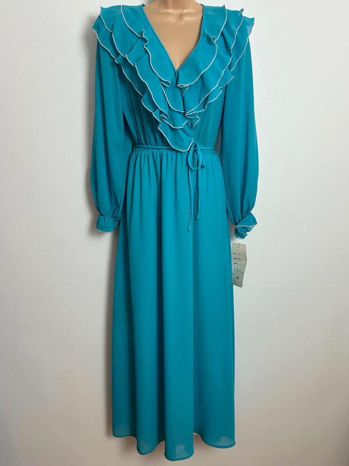 Vintage Late 1970s Deadstock DARREN Size 14 Turquoise Ruffled Long Sleeve Belted Maxi Dress