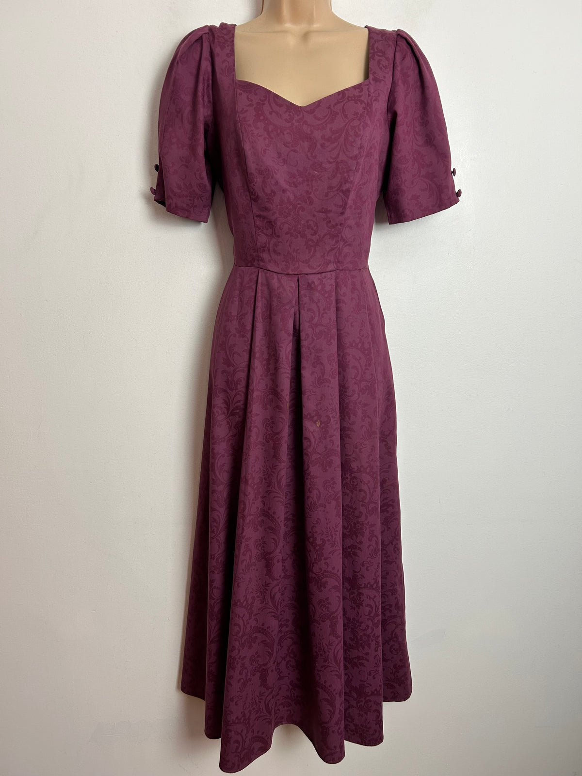 Vintage 80s LAURA ASHLEY UK Size 8-10 (UK Size 12) Plum Purple Floral Bow Open Bow Back Midi Dress