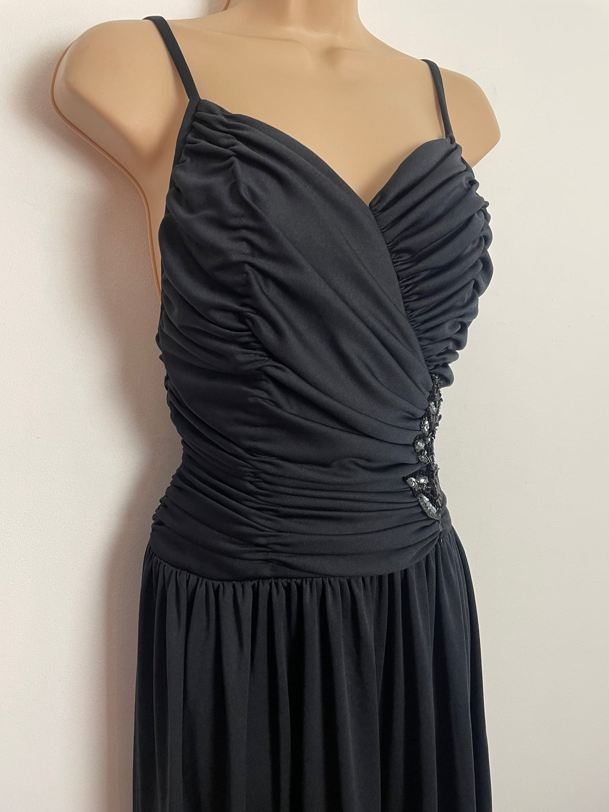 Vintage Late 1970s UK Size 8 Black Ruched & Sequin Detail Evening Occasion Maxi Dress
