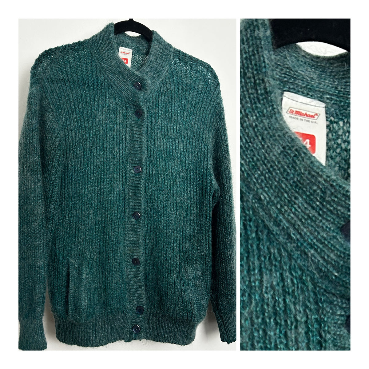 Vintage 1980s ST MICHAEL Size 14 Teal Mohair & Wool Mix Cardigan