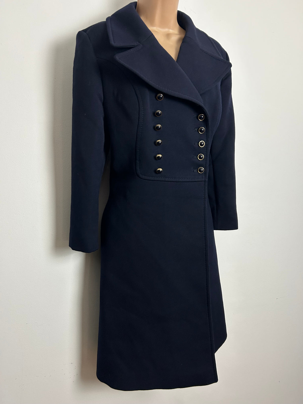 Vintage 1970s KEMPER Size 12 Navy Blue Pure New Wool Double Breasted Military 3/4 SleeveStyle Pea Coat