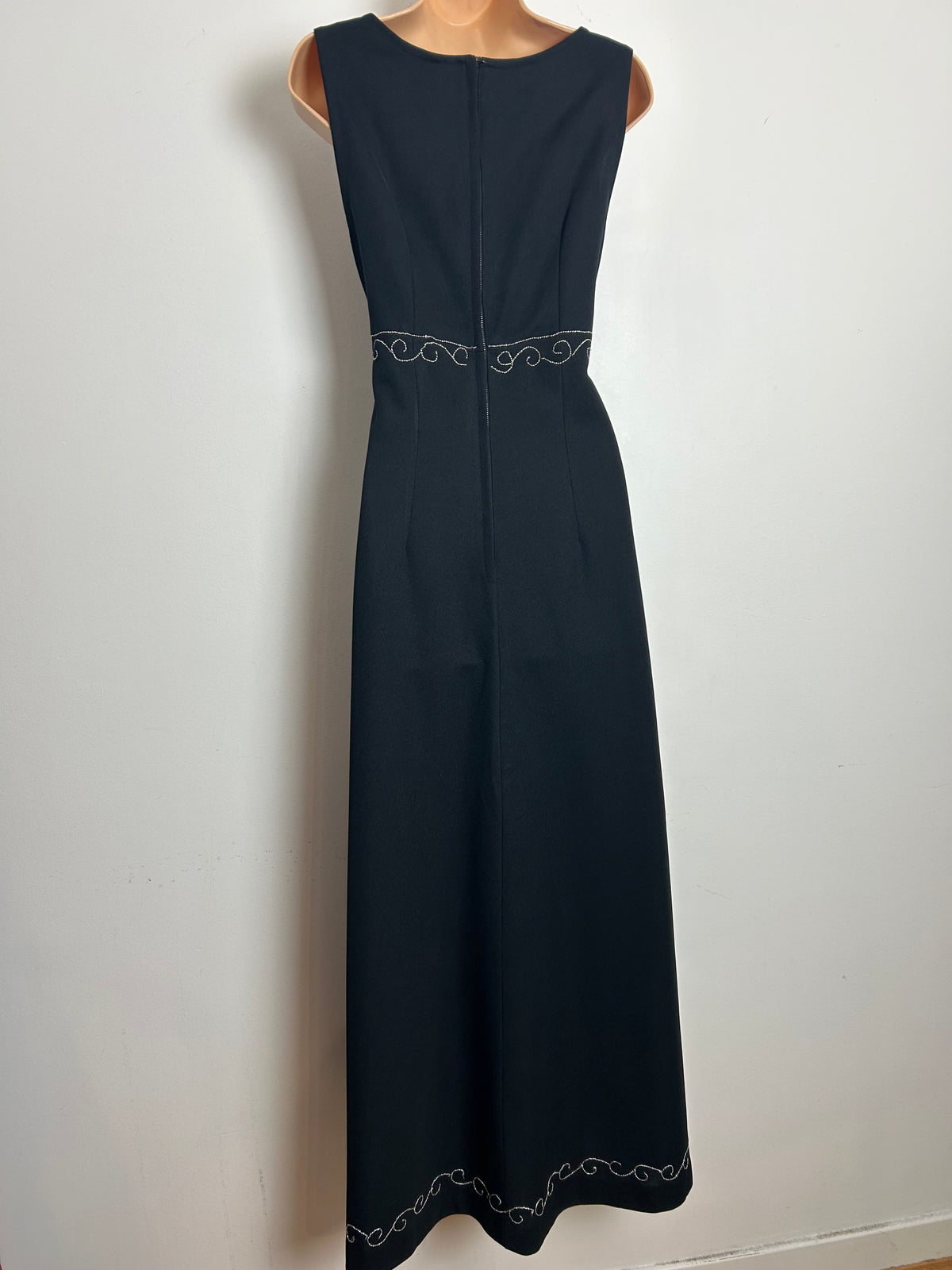 Vintage 1970s Size 8 Black & Silver Braid Trim Sleeveless Occasion Evening Maxi Dress