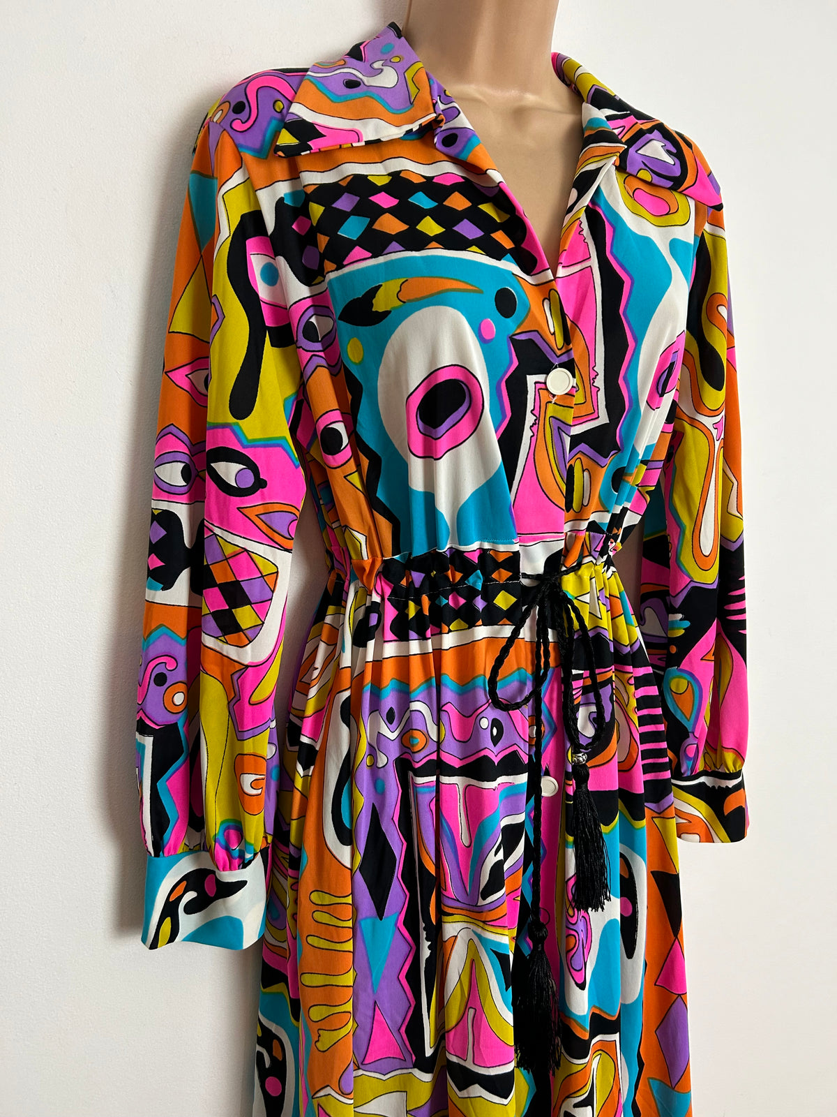 Vintage 1970s UK Size 8/10/12 Vibrant Pink Orange Blue Purple & Yellow Abstract Psychedelic Print Long Sleeve Maxi Dress