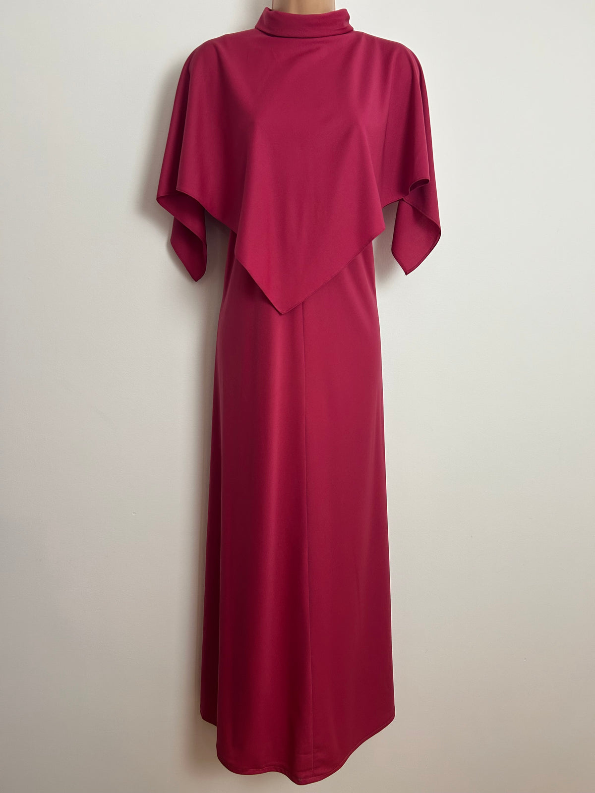 Vintage 1970s ALLDAE Size 12 Raspberry Dark Pink Cape Sleeve Double Layered Boho Maxi Dress