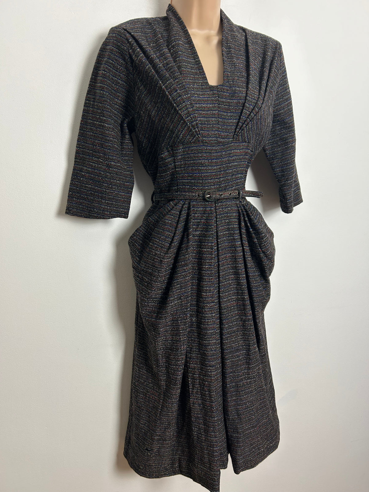 Vintage 1940s Rare BRILKIE MODELS UK Size 10 Black Mix Woven Wool Belted Pleated Wartime Era Dress