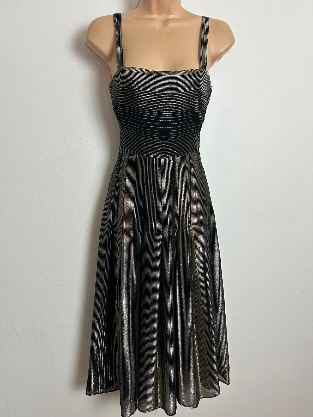 Vintage RARE 1970s SUJON Size 6 Black Pinstripe Lurex Christmas Party Evening Dress