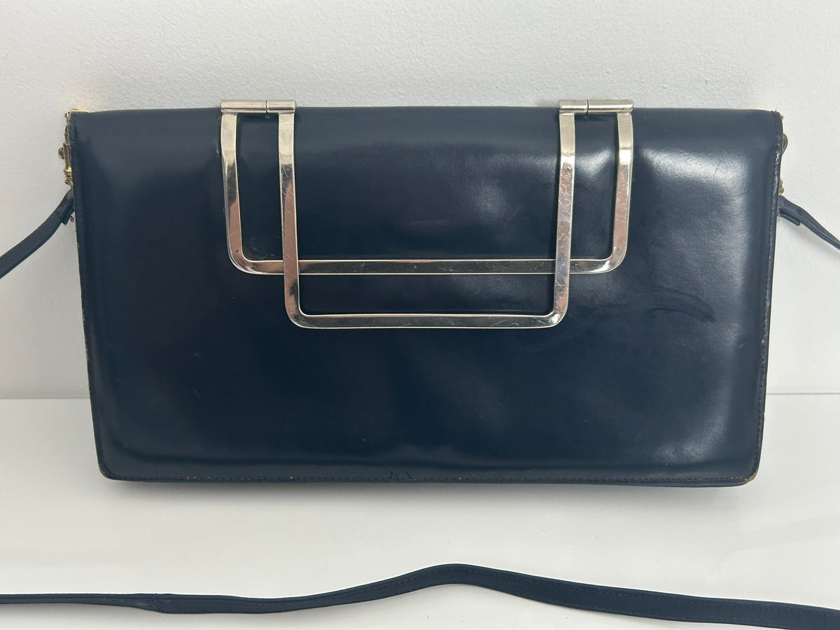 Vintage 1970s Very Dark Blue Leather Silver Handled Mod Clutch Or Shoulder Bag