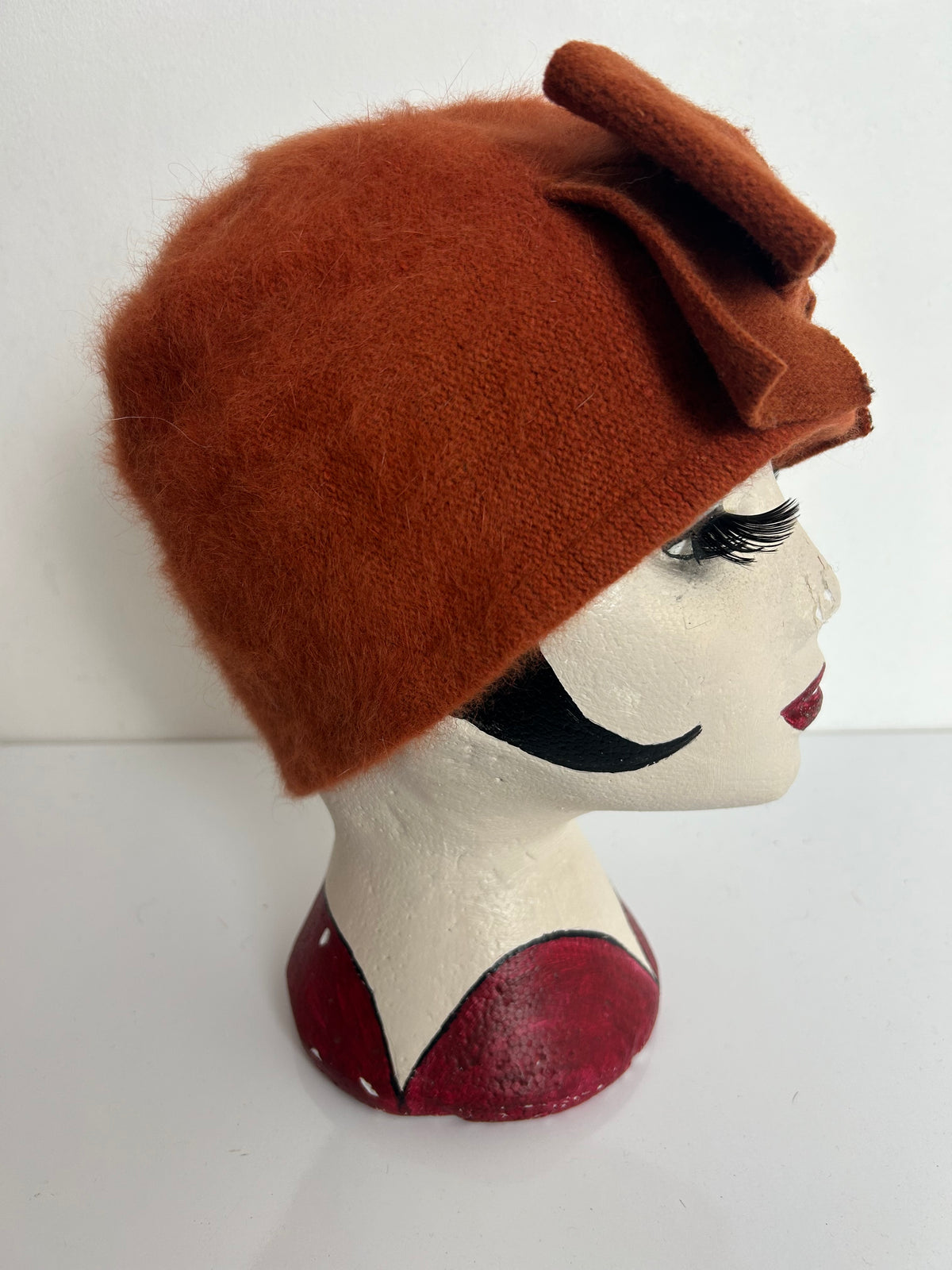 Vintage Rusty Orange Angora & Wool Mix Bow Detail Beanie Hat