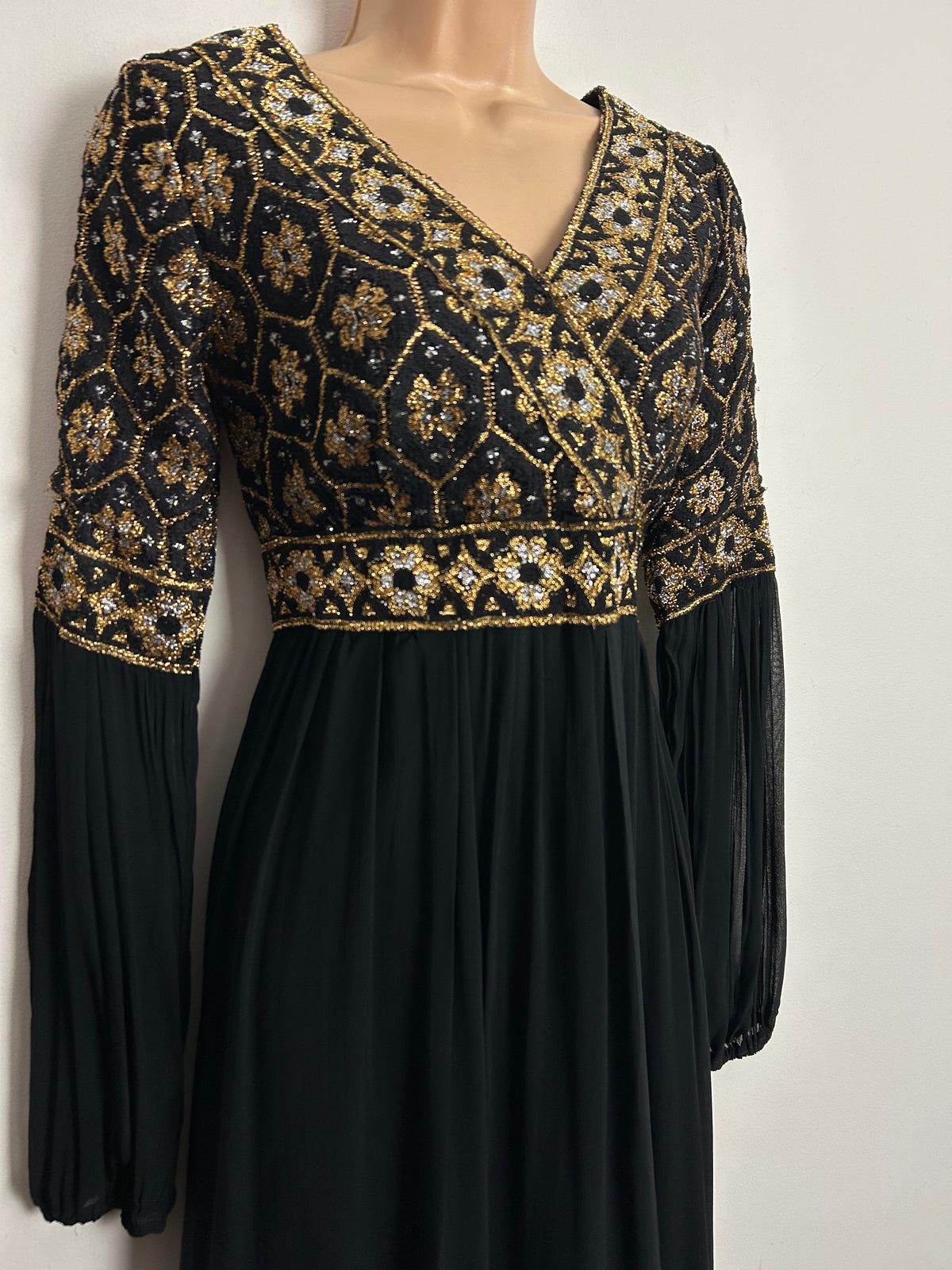 Vintage 1970s UK Size 10 Black Gold & Silver Brocade & Chiffon Crepe Occasion Evening Maxi Dress