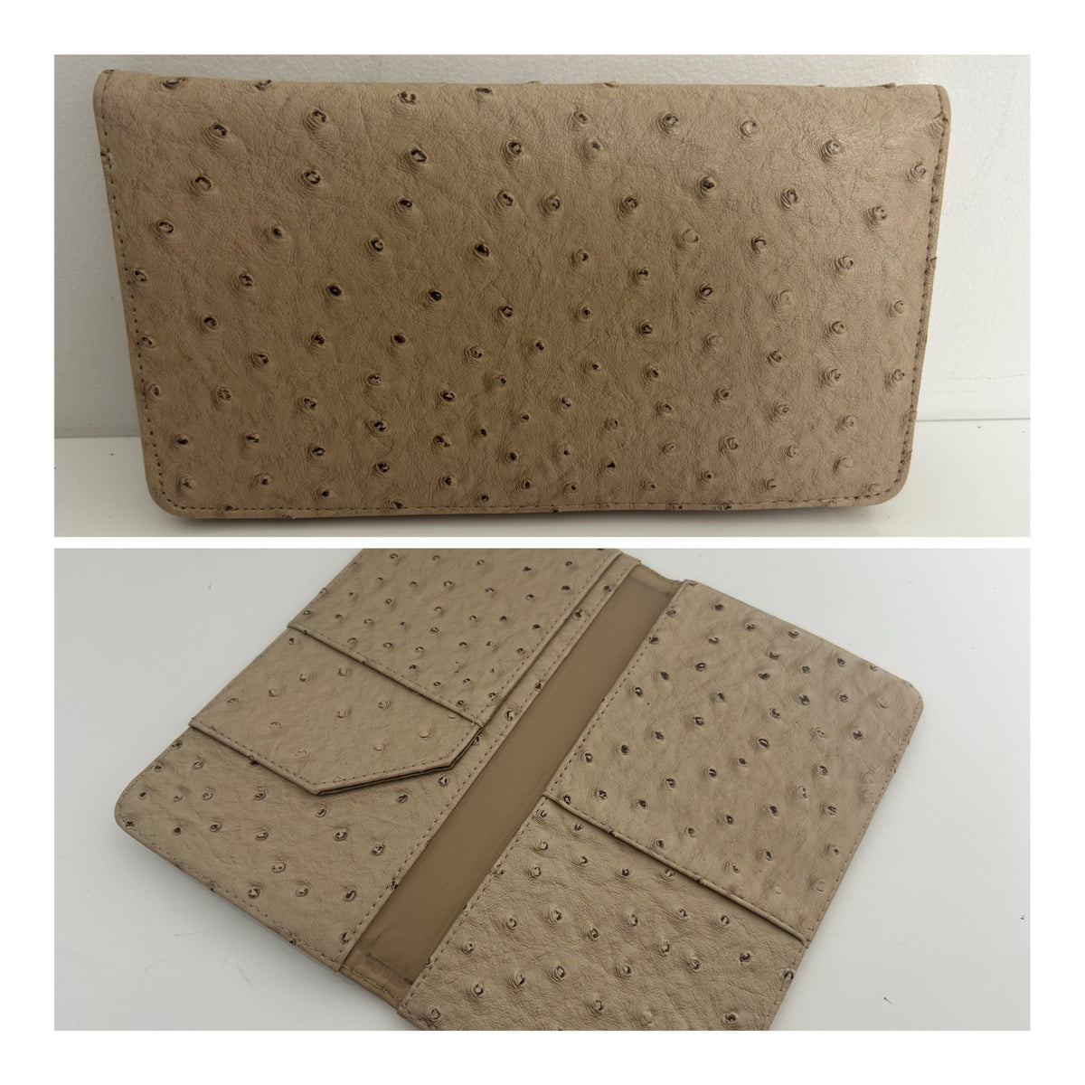 Vintage 1970s Cream Ostrich Leather Small Document Travel Passport Wallet