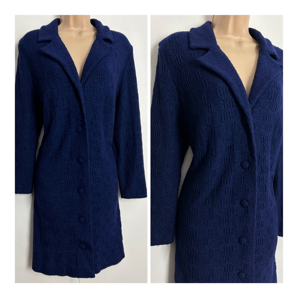 Vintage 1970s SAINT DENIS UK Size 16 Navy Blue Textured Wavy Stripe Jersey Long Sleeve Mod Shift Dress