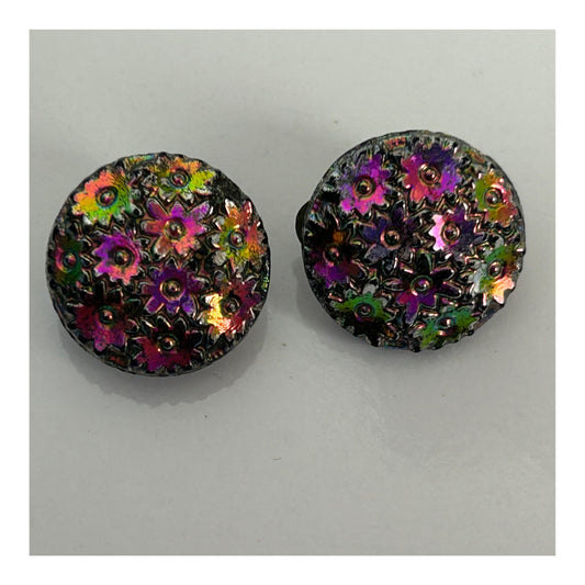 Vintage 1960s Cute Metal Pink & Green Iridescent Flower Clip On Earrings