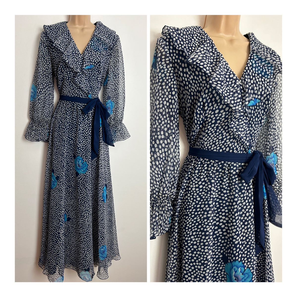 Vintage 1970s UK Size 10 Pretty Navy Blue & White Spot Print Long Sleeve Belted Boho Maxi Dress