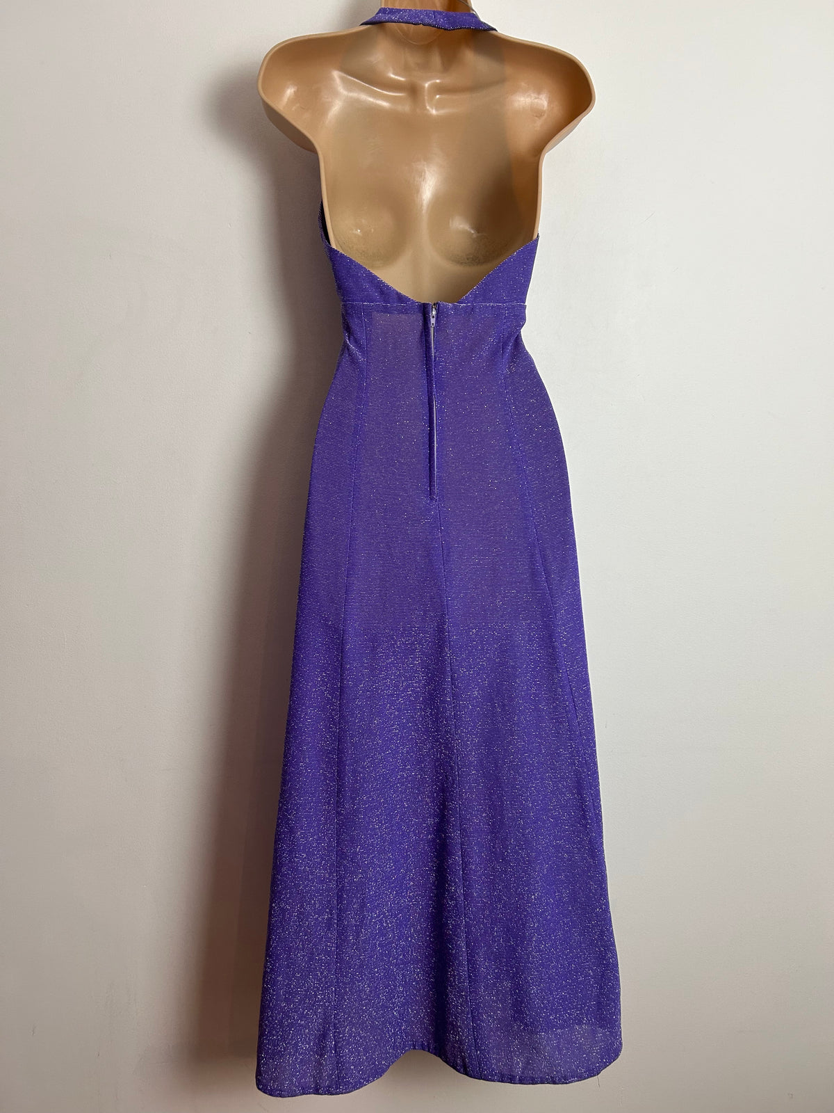 Vintage 1970s PEGGY PAGE UK Size 8 Purple Lurex Halterneck Party Occasion Maxi Dress