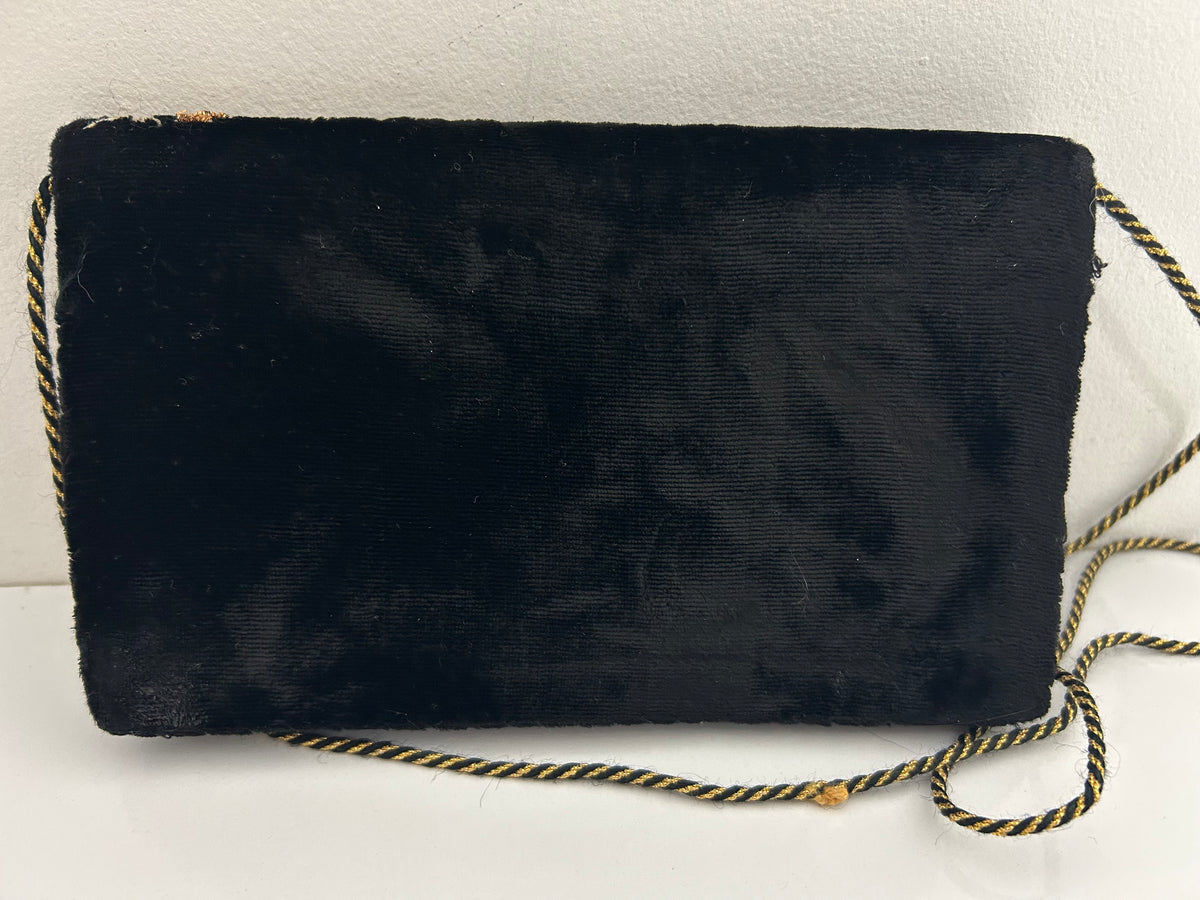 Vintage 1960s Zardosi Black Velvet & Gold Embroidered Peacock Design Shoulder Bag