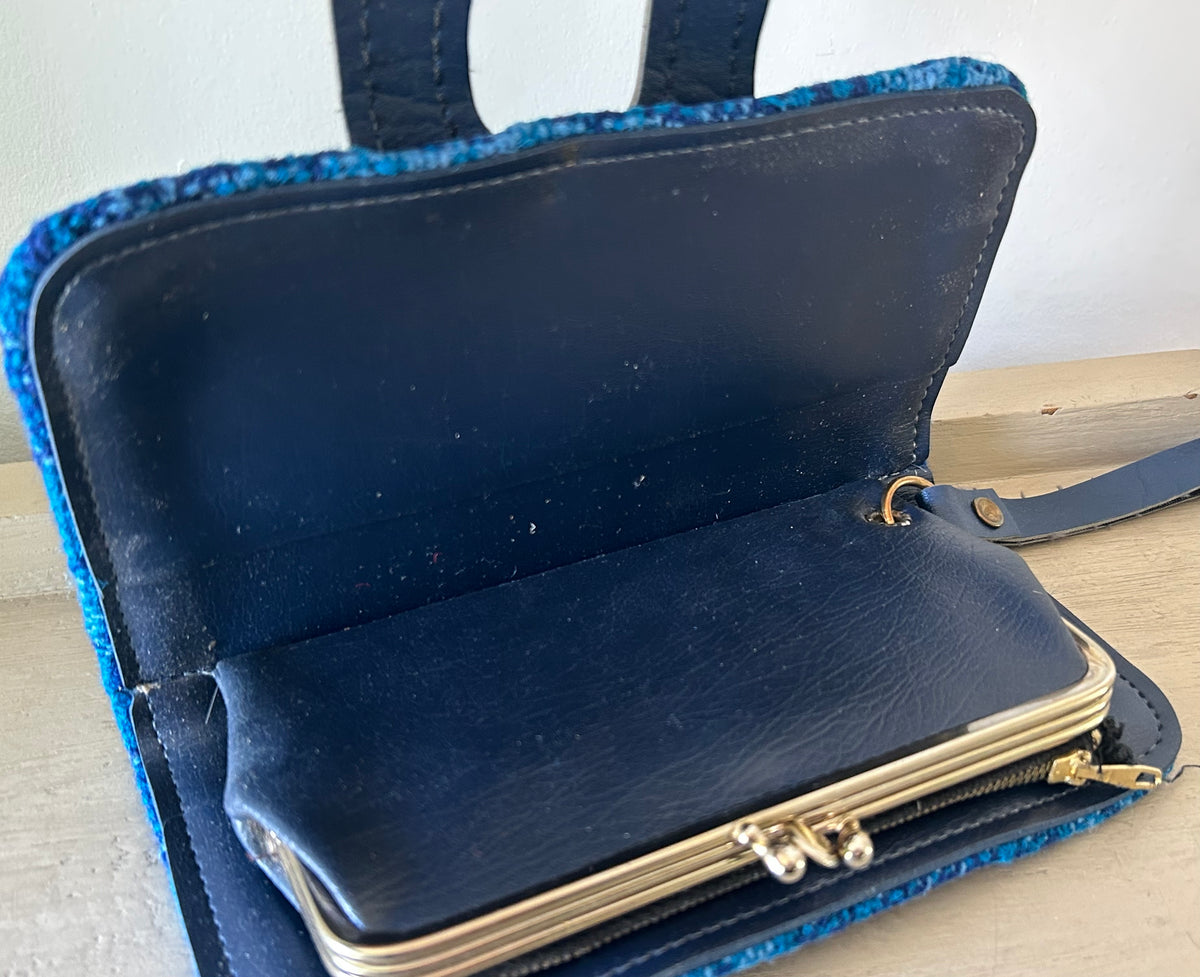 Vintage Blue Welsh Wool Tapestry Large Purse With Wrist Strap