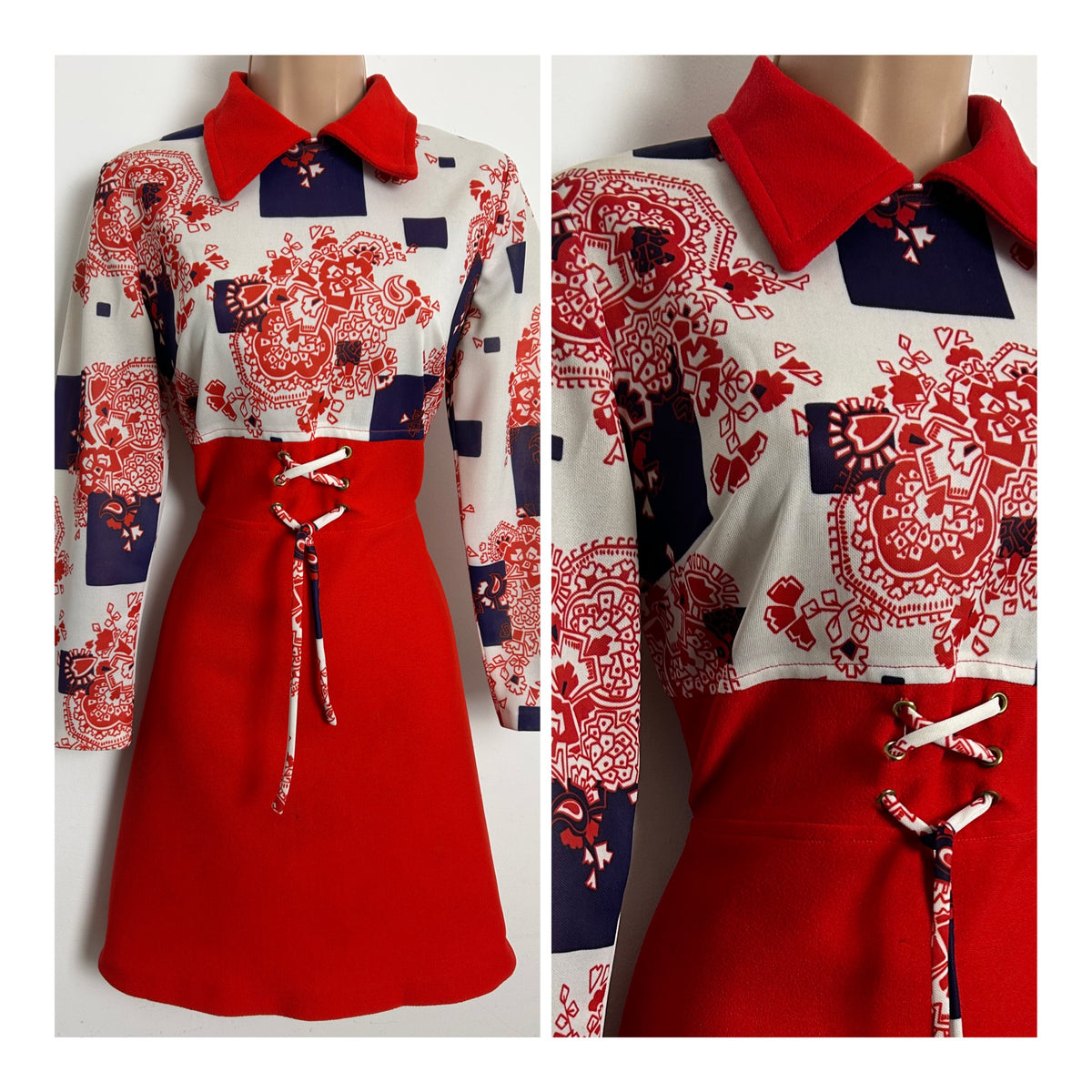 Vintage 1960s Size 10 Red White & Navy Abstract Print Long Sleeve Short Mod Dress
