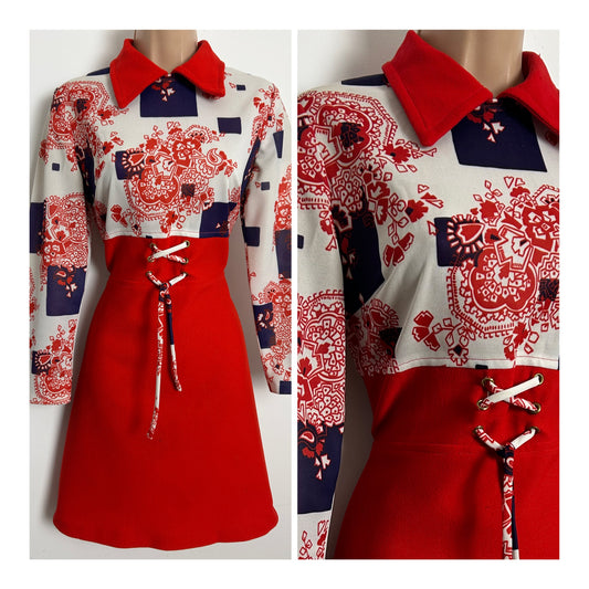Vintage 1960s Size 10 Red White & Navy Abstract Print Long Sleeve Short Mod Dress