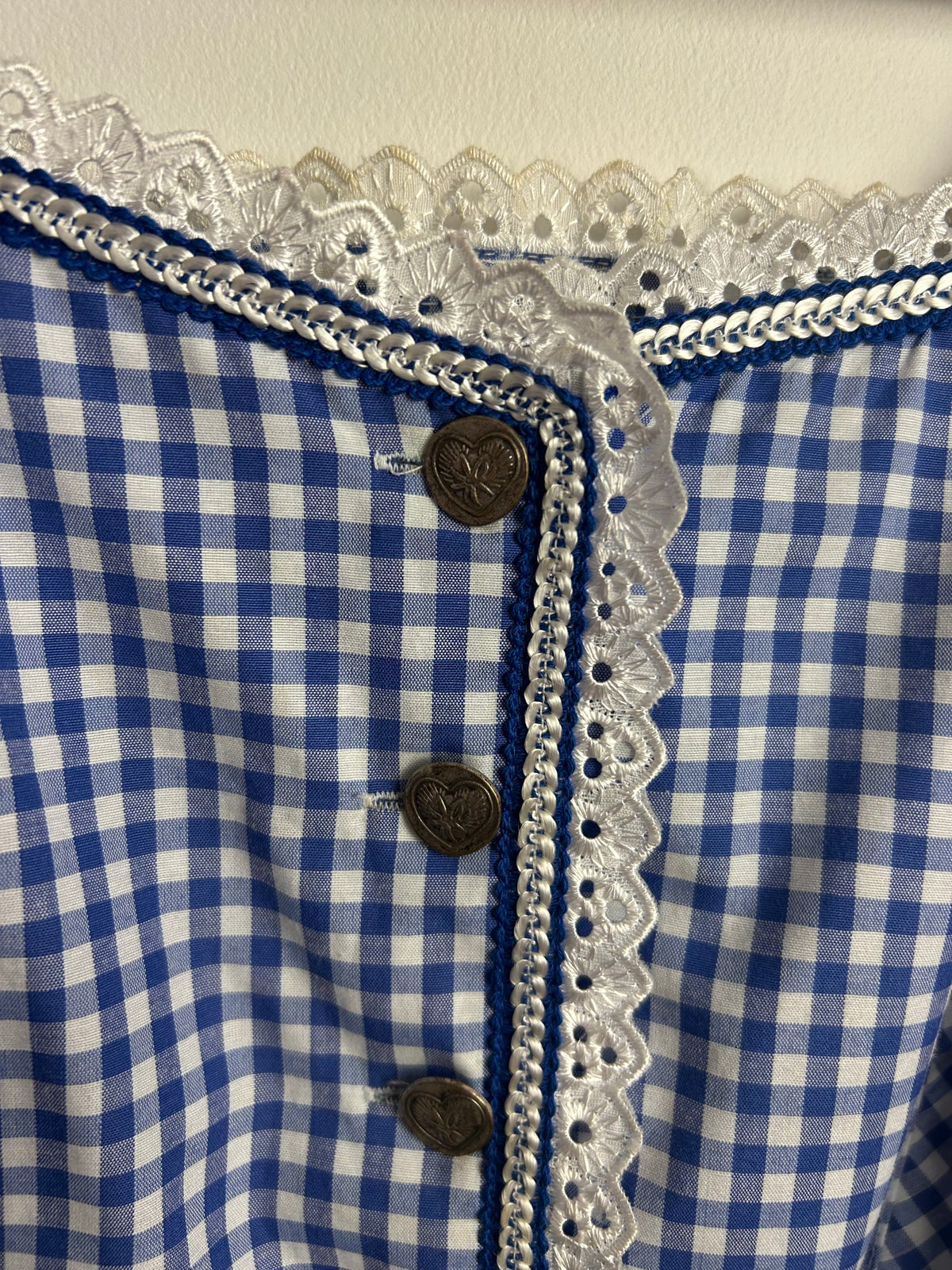 Vintage 1980s LANDHAUS @ C&A Size 14 Blue & White Gingham Check Cold Shoulder Cotton Mix Dirndl Folk Top