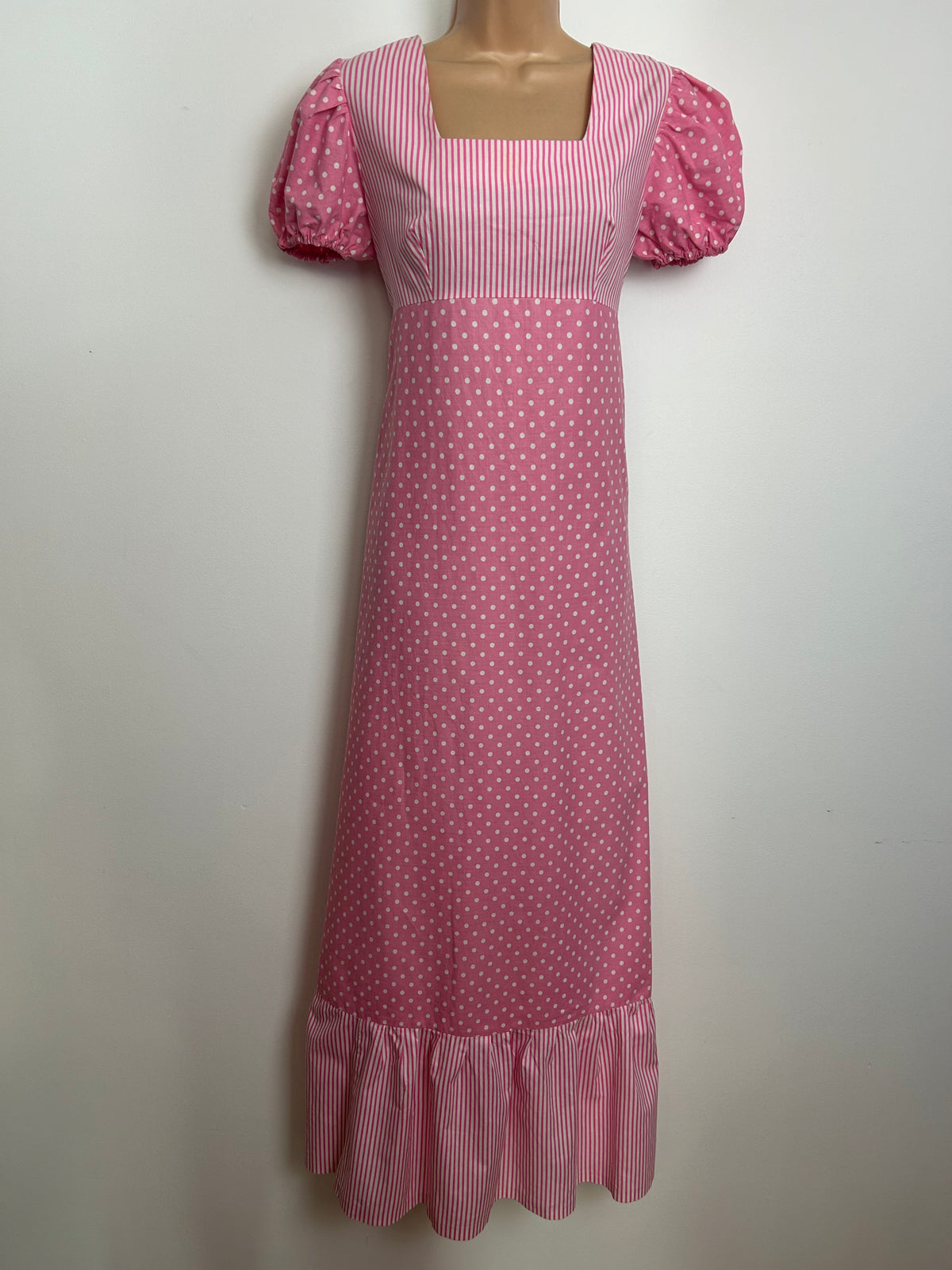 Vintage 1970s Size 10 Pink & White Polka Dot & Stripe Print Cotton Prairie Maxi Dress