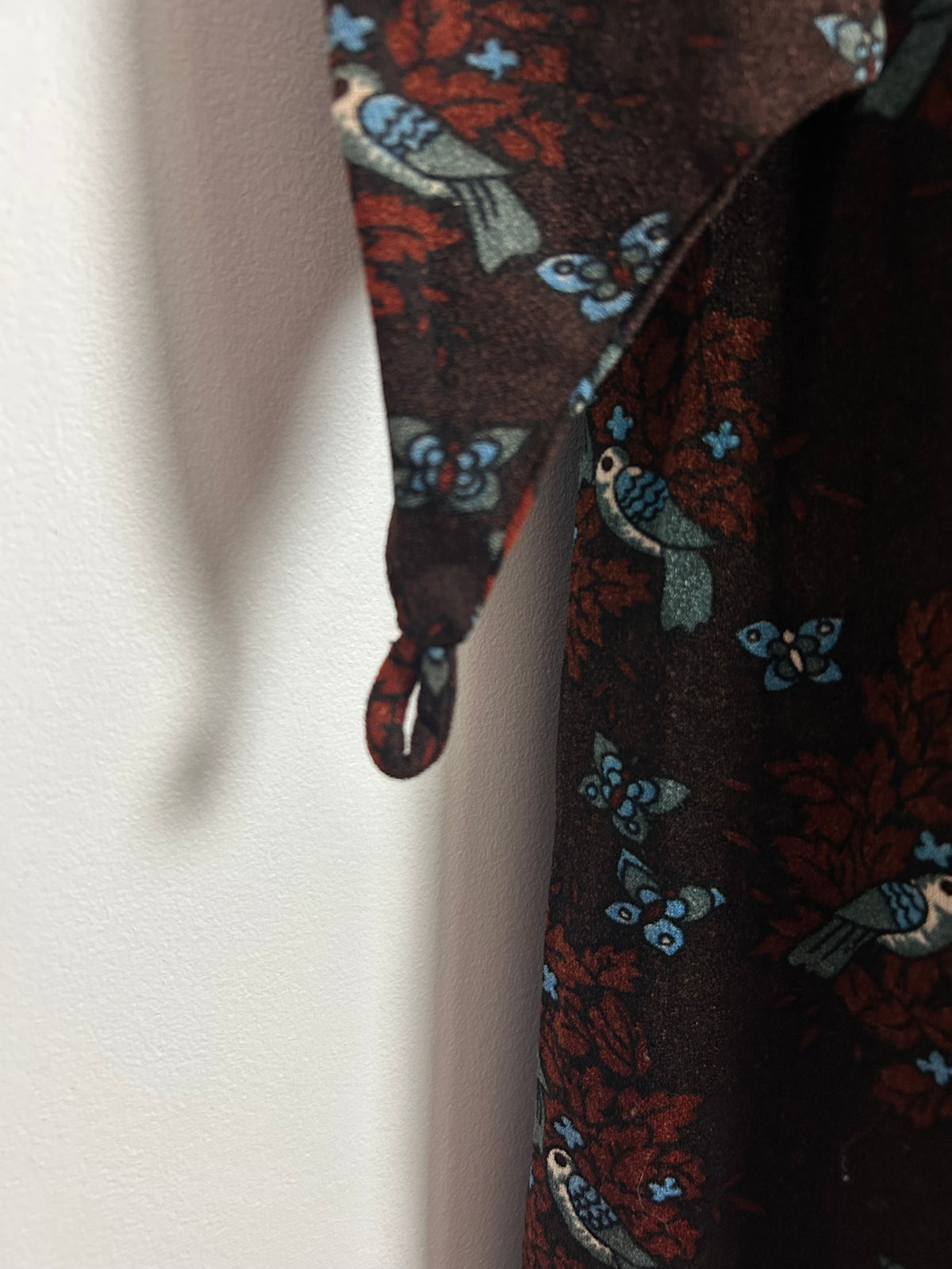 Vintage 1970s ST ANDRE Size 10 Brown Tones Bird & Butterfly Novelty Print Long Sleeve Maxi Dress With Finger Loops
