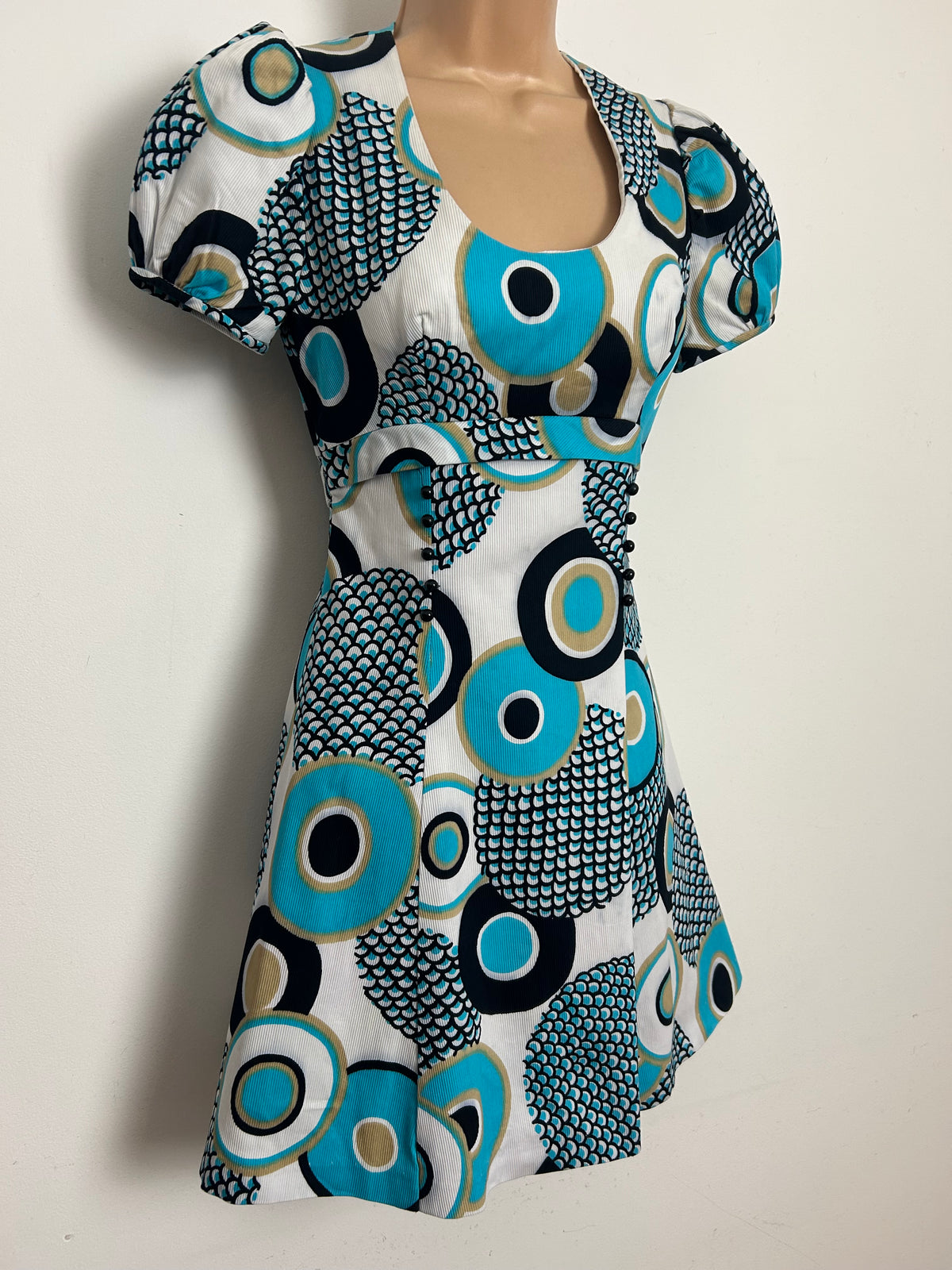Vintage 1960s CANDA INTERNATIONAL Size 6 White Black Turquoise & Mocha Abstract Print Mini Mod Dress