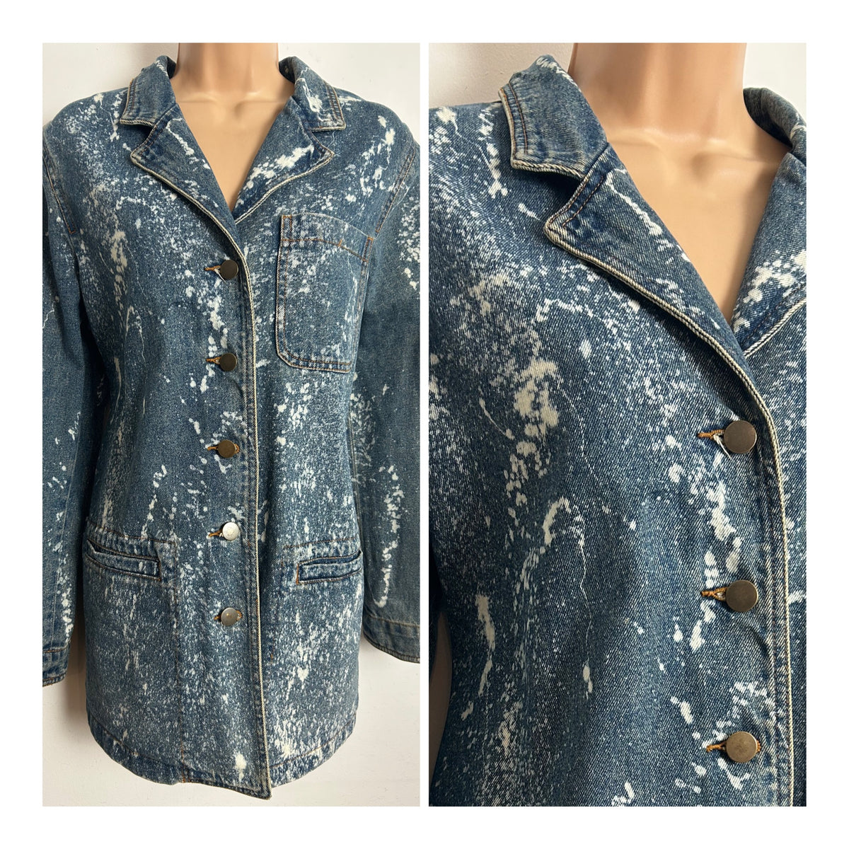 Vintage 1990s HARVE BERNARD Size 12-14 Splatter Pattern Blazer Style Denim Jacket