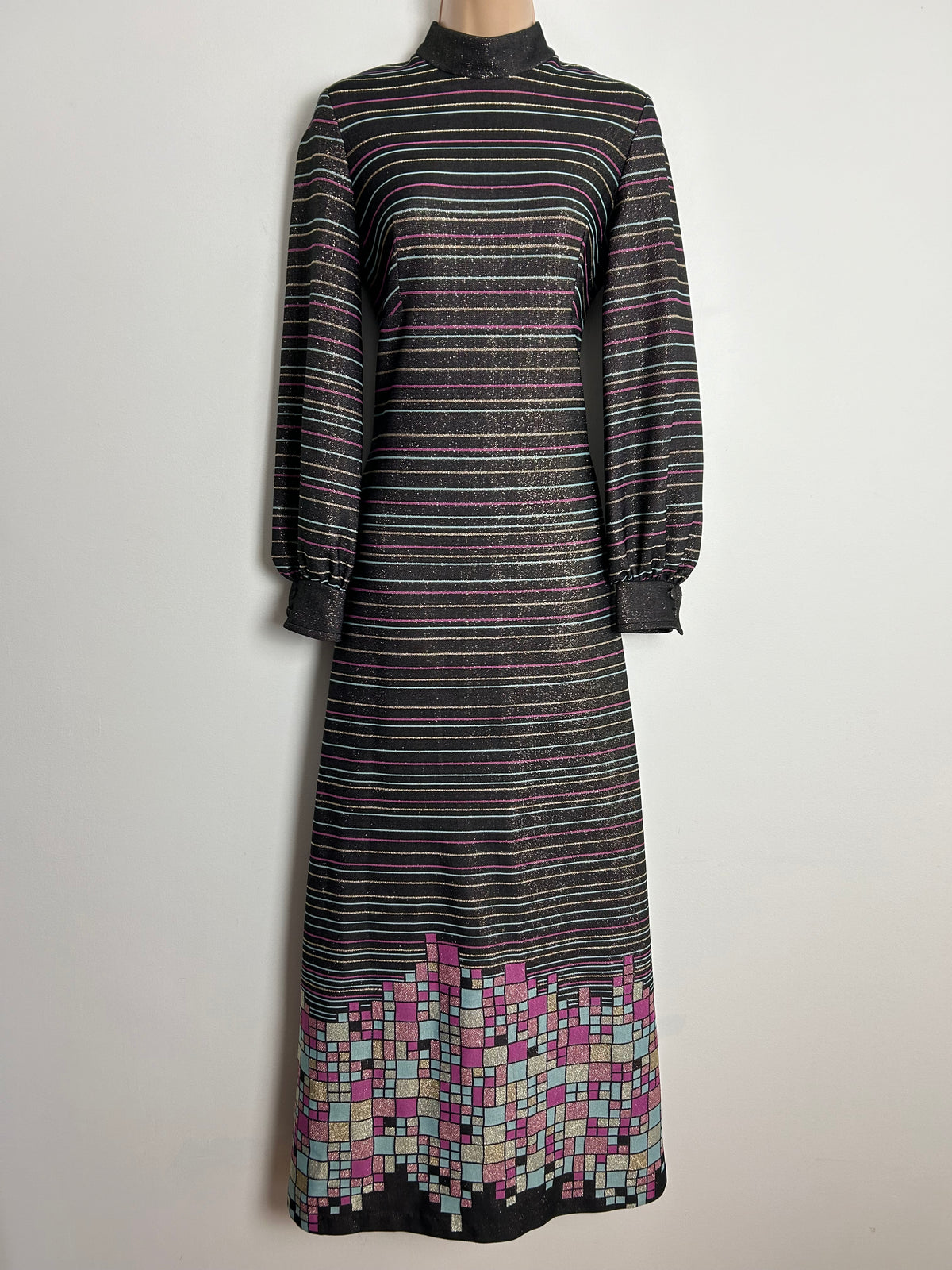 Vintage 1970s UK Size 12 Black Pink Blue Gold & Silver Stripe & Geo Print Lurex Long Sleeve Maxi Dress