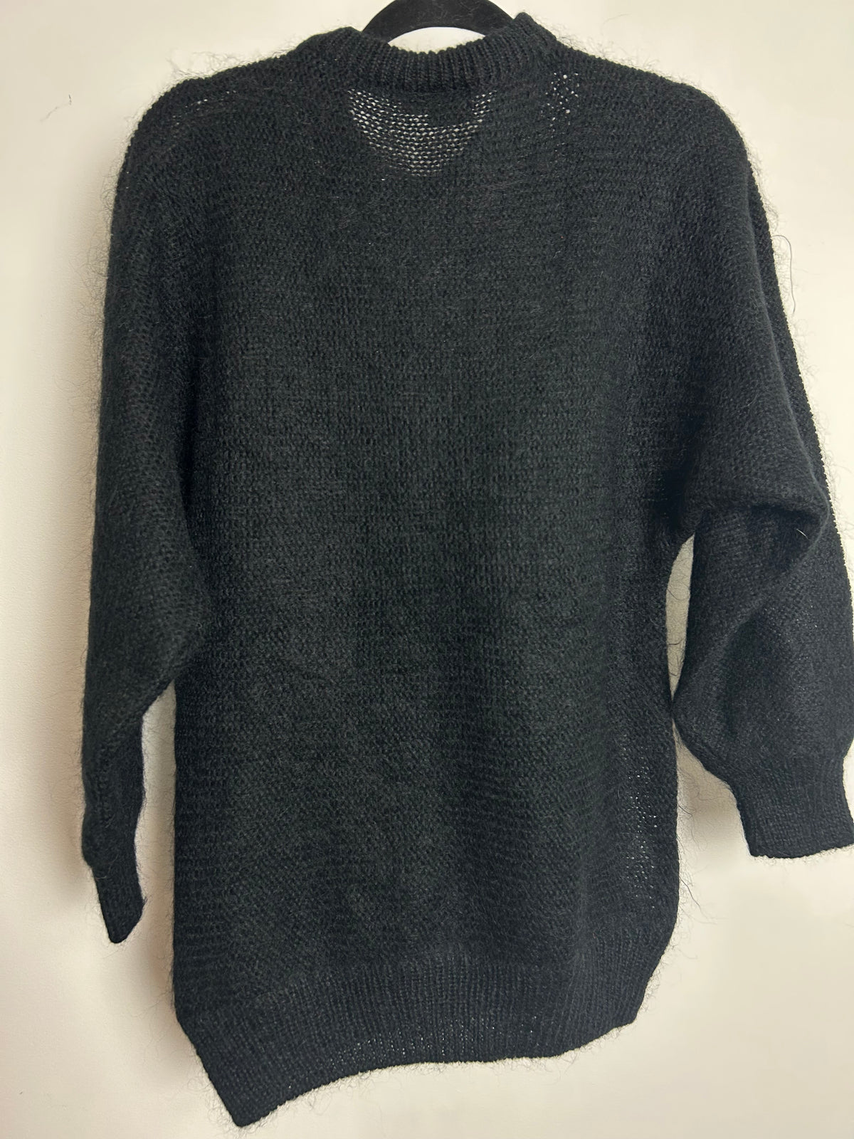 Vintage 1980s Up To Size 14 Black Fur Chain & Bead Applique Detail Slouchy Mohair Mix Jumper