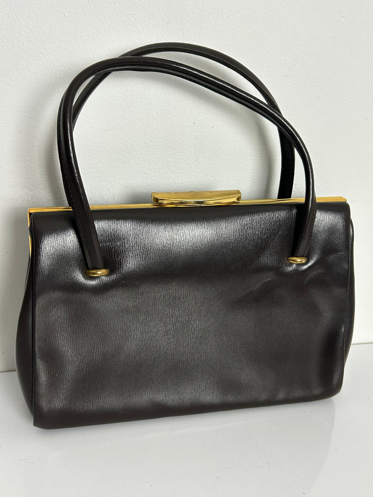Vintage 1950s Matt Brown Leather Kelly Handbag With Gold Tone Frame