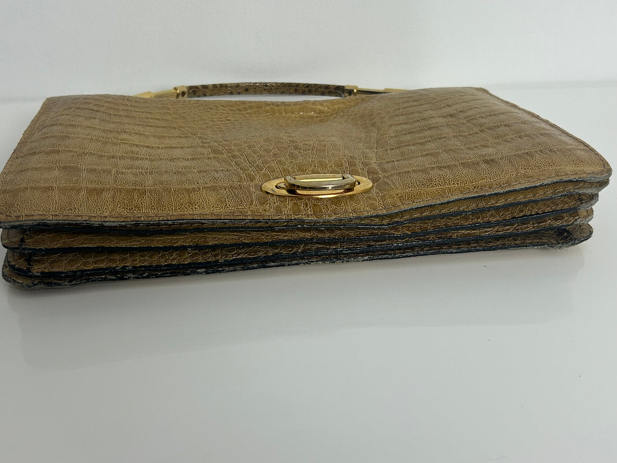 Vintage 1970s Camel Colour Reptile Mock Croc Grab Handle Handbag